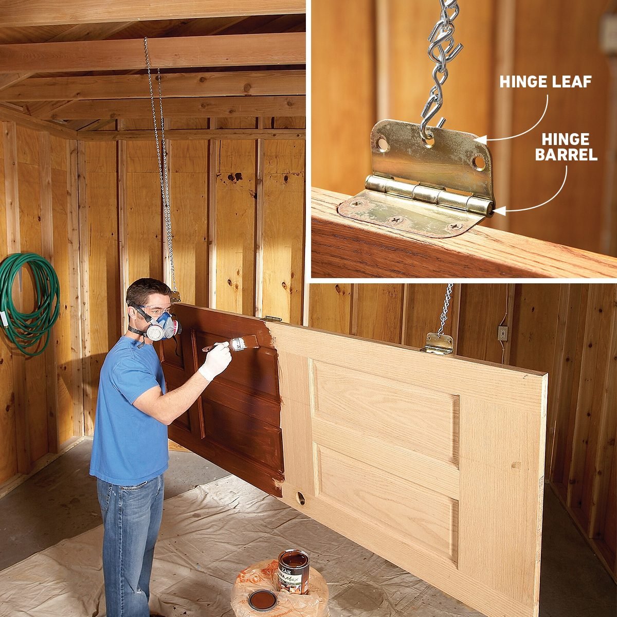 door being stained while hanging from ceiling