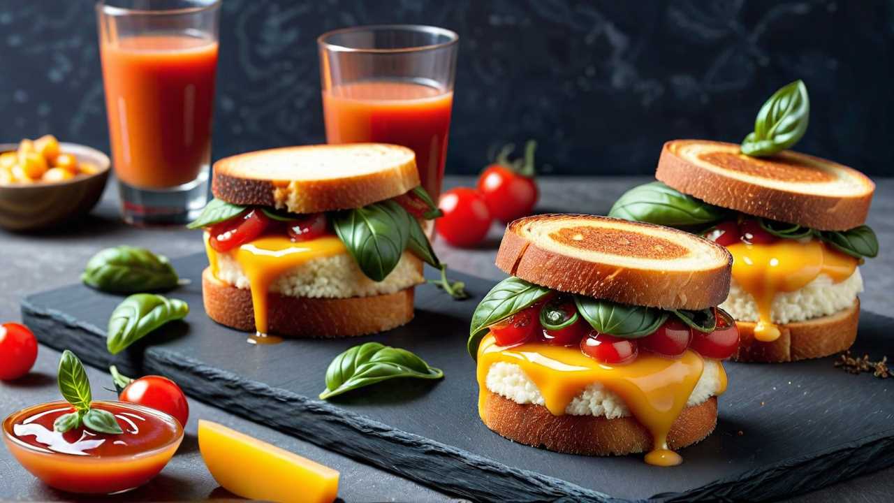 Mini Grilled Cheese Sandwiches with Tomato Basil Soup Shots