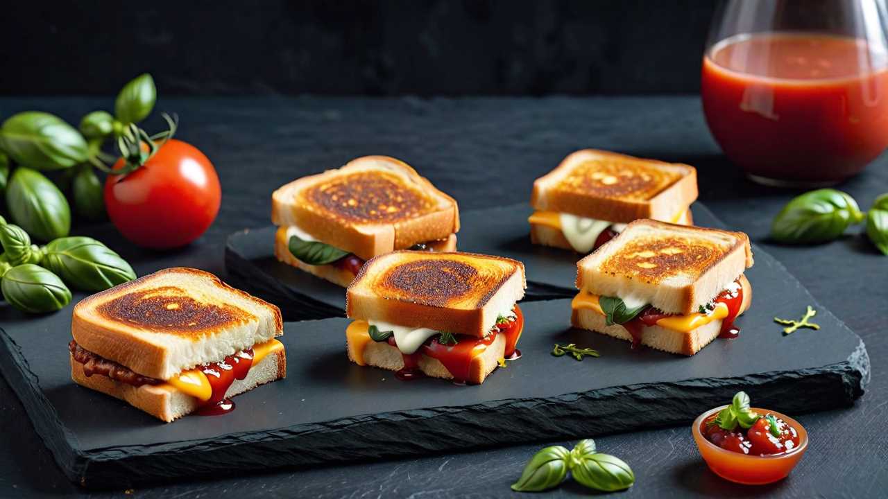Mini Grilled Cheese Sandwiches with Tomato Basil Soup Shots