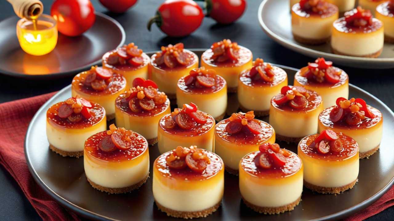 Pepperoni Cheesecake Bites with Spicy Honey Drizzle